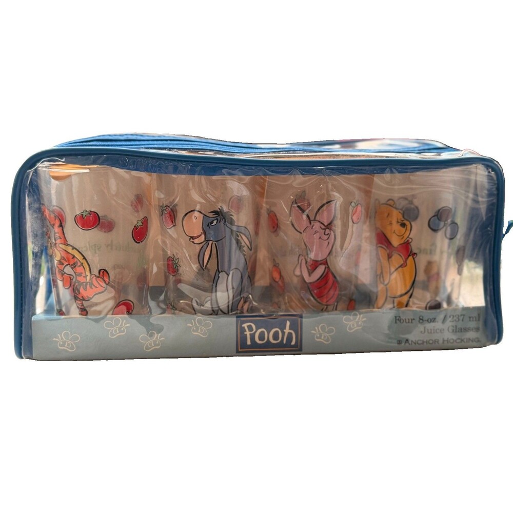 VINTAGE Anchor Hocking Disney Winnie the Pooh 8oz Juice Glasses made in USA NEW